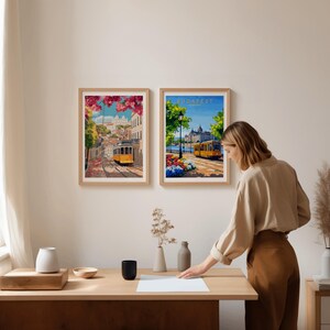 Digital illustration of Lisbon, Portugal, showcasing the iconic yellow tram 28 winding through the flower-lined streets of Alfama. Pink bougainvillea hangs overhead, framing a cobblestone road with traditional buildings on either side. In the background, the São Vicente de Fora church rises above the red rooftops, completing this vibrant, romantic scene of Lisbon’s historic charm and beauty.