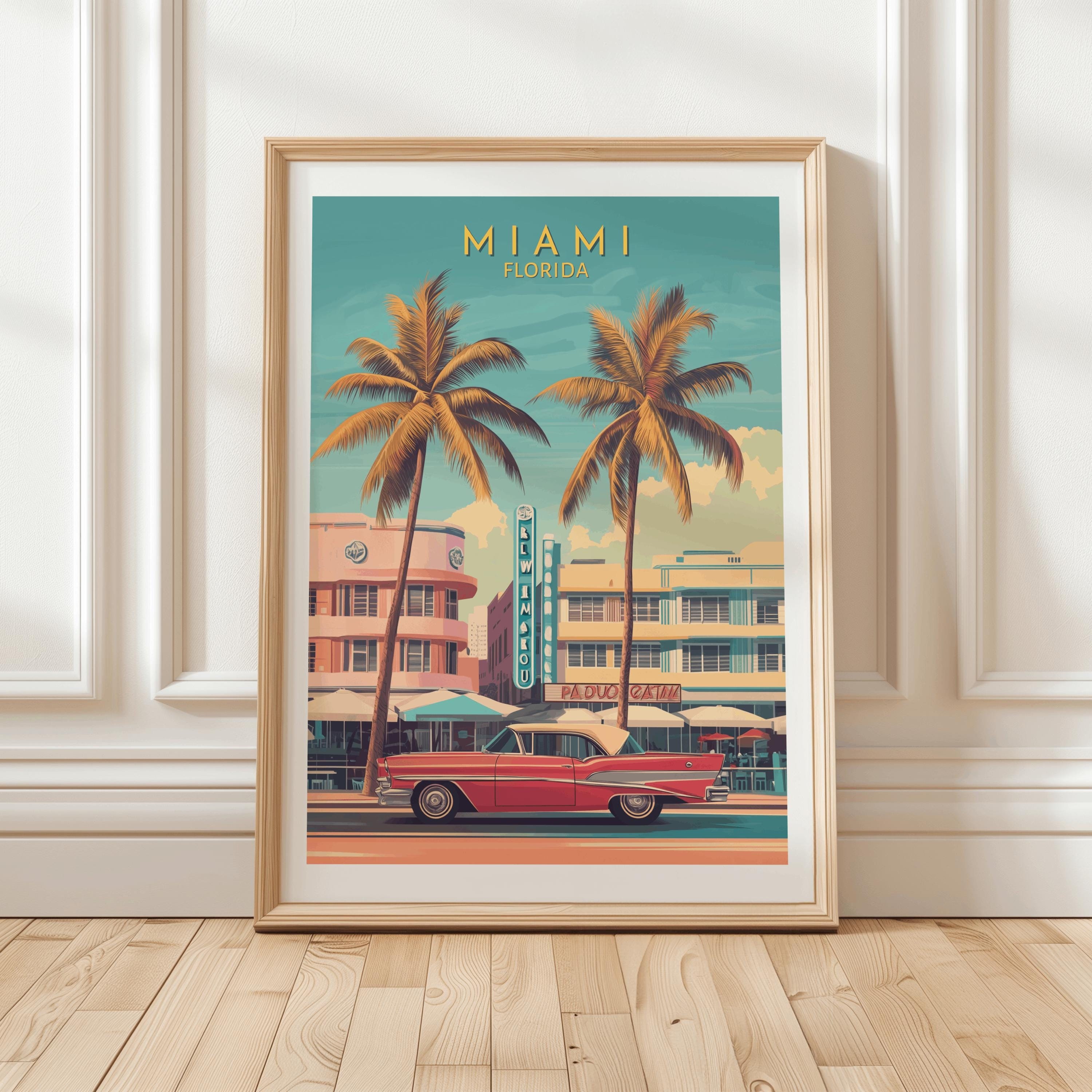 Miami Florida Ocean Drive Art Deco Poster With Vintage Car and