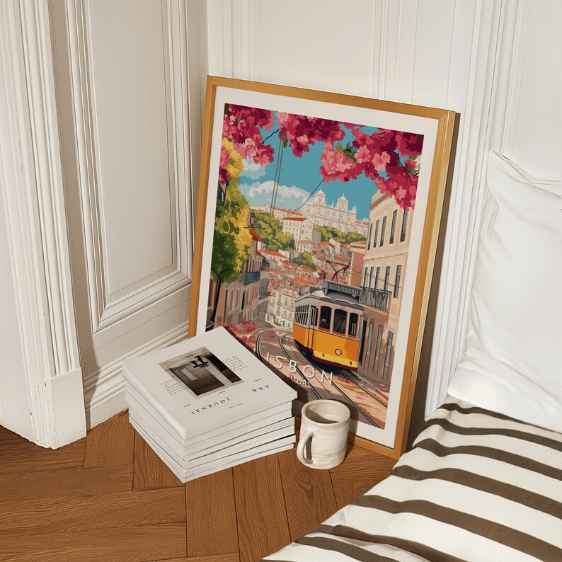 Digital illustration of Lisbon, Portugal, showcasing the iconic yellow tram 28 winding through the flower-lined streets of Alfama. Pink bougainvillea hangs overhead, framing a cobblestone road with traditional buildings on either side. In the background, the São Vicente de Fora church rises above the red rooftops, completing this vibrant, romantic scene of Lisbon’s historic charm and beauty.