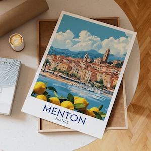 Menton France Travel Poster with Colorful Riviera Buildings, Lemon Grove Foreground, Sailboats and Mediterranean Seaside View, Unique Gift