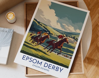 Epsom Derby Pferderennen Poster mit Jockeys die durch die Landschaft Epsom Downs unter kühnen Himmel donnern im Retro Vintage Stil, Geschenkidee