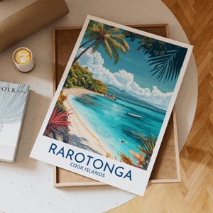 Rarotonga Cook Islands Tropical Beach Poster With Palm Trees Turquoise Ocean Canoe And Scenic Island Wall Art, Unique Gift Idea