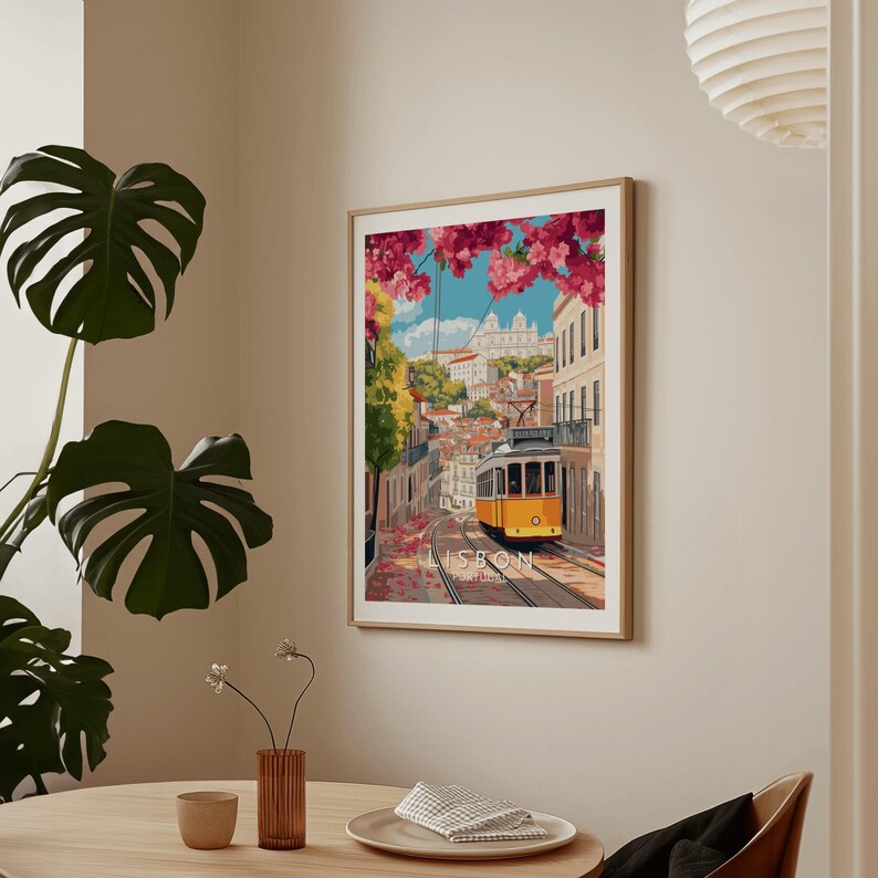 Digital illustration of Lisbon, Portugal, showcasing the iconic yellow tram 28 winding through the flower-lined streets of Alfama. Pink bougainvillea hangs overhead, framing a cobblestone road with traditional buildings on either side. In the background, the São Vicente de Fora church rises above the red rooftops, completing this vibrant, romantic scene of Lisbon’s historic charm and beauty.
