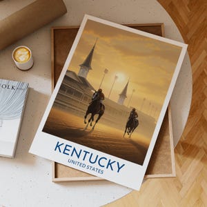 Kentucky United States Horse Racing Wall Art Featuring Churchill Downs Racetrack with Sunset Lighting and Galloping Jockey Silhouettes, Gift
