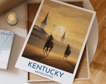 Arte de parede de corrida de cavalos de Kentucky, Estados Unidos, apresentando o hipódromo de Churchill Downs com iluminação de pôr do sol e silhuetas de jóqueis galopando, presente
