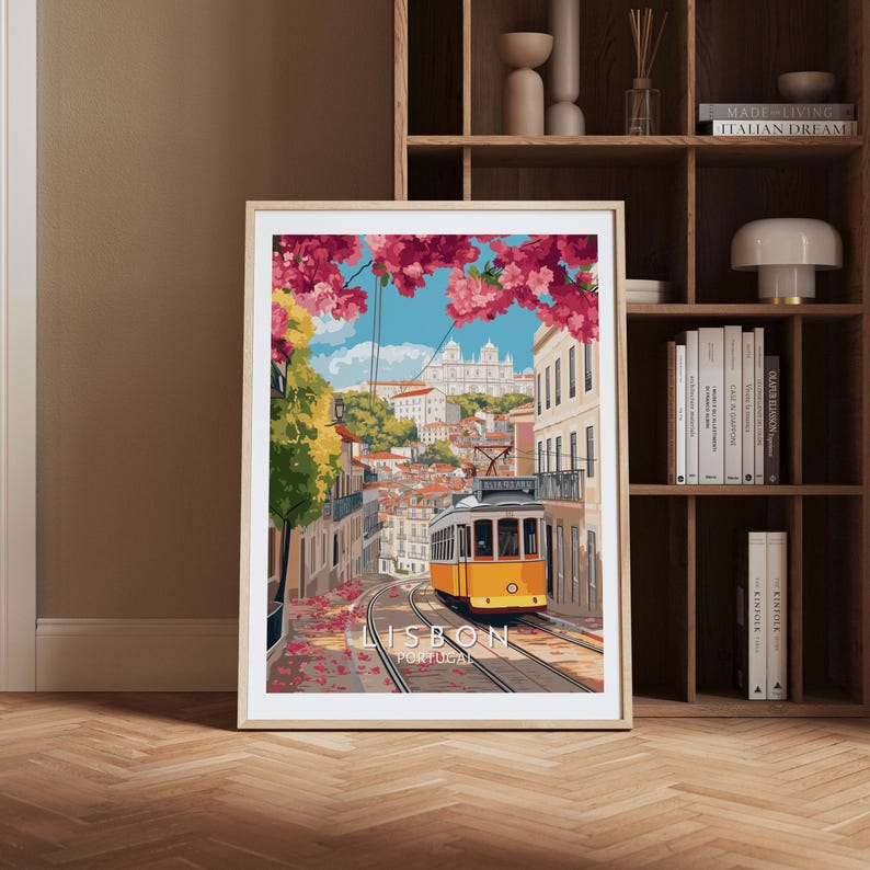 Digital illustration of Lisbon, Portugal, showcasing the iconic yellow tram 28 winding through the flower-lined streets of Alfama. Pink bougainvillea hangs overhead, framing a cobblestone road with traditional buildings on either side. In the background, the São Vicente de Fora church rises above the red rooftops, completing this vibrant, romantic scene of Lisbon’s historic charm and beauty.