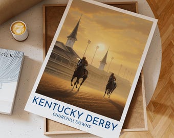 Impressão de parede de Churchill Downs do Derby de Kentucky com cena de pista de corrida Twin Spires com cavalos de corrida em atmosfera de pôr do sol dourado, presente exclusivo