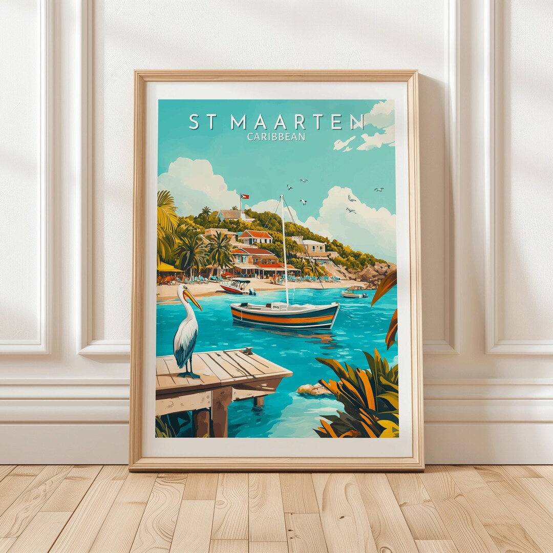 St Maarten Caribbean Island Wall Art Print Colorful Coastal Village ...