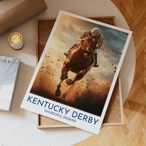 Kentucky Derby Churchill Downs Wall Art Print Featuring Galloping Thoroughbred Racehorse with Jockey Against Dramatic Dusty Sunset, Gift