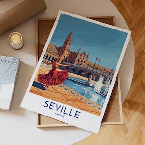 Seville Spain Travel Poster Plaza de España With Flamenco Dancer Wall Art Print Vintage Style Spanish Culture Home Decor, Unique Gift Idea