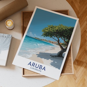 Aruba Caribbean Beach Wall Art Print Featuring Divi Divi Tree on White Sand Shoreline with Turquoise Ocean and Seaside Resorts View, Gift