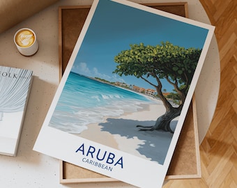 Aruba Caribbean Beach Wandkunst Druck mit Divi Divi Baum auf weißer Sandküste mit türkisfarbenem Meer und Blick auf die Badeorte, Geschenk