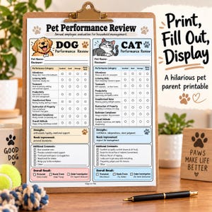May include: A clipboard holding a Pet Performance Review printable form with two columns for dog and cat evaluations. The document features sections for performance categories, strengths, needs improvement, comments, and overall results with checkboxes.
