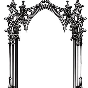 Op de afbeelding: Zwart-witte illustratie van een gotische boog. De lijst is gemaakt van ingewikkelde, gedetailleerde ontwerpen.