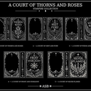 May include: A collection of five book covers titled A Court of Thorns and Roses Starfire Collection. Each cover features white line art on a black background, depicting mountains, celestial symbols, and swords, with titles like A Court of Mist and Fury.