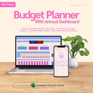 Monthly Budget Planner In Pink | Annual Dashboard | Budget Spreadsheet | Expense Tracker | Budget Tracker | Debt Tracker | Budget Planner