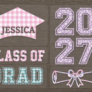 May include: A set of graduation-themed iron-on transfers featuring a pink gingham graduation cap with the name JESSICA, the text CLASS OF GRAD in pink and blue gingham, the numbers 2027 in a purple floral pattern, and a diploma with a bow.