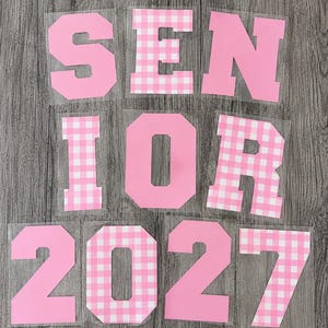 May include: A set of iron-on transfers featuring the word SENIOR and the number 2027. The letters and numbers alternate between solid light pink and a light pink and white gingham check pattern, all displayed on clear adhesive backing sheets.