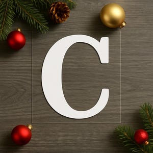 May include: A white letter "C" on a clear square, surrounded by Christmas ornaments and pine branches. The ornaments are red and gold, and a pine cone is also present. The background is a dark wood grain.