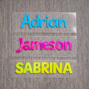 Kids Custom Name Iron On Decal,  HTV Decal, Kids Backpack, Clothing DIY, Personalized Kids Patch, Name labels. Camp Iron On, Easter Iron On