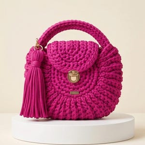 Peut inclure: Un sac à main en crochet fuchsia vif avec une silhouette arrondie, une anse tressée épaisse et un grand pompon assorti attaché à un anneau en métal doré. Le sac comprend une fermeture à poussoir dorée et une petite étiquette métallique.