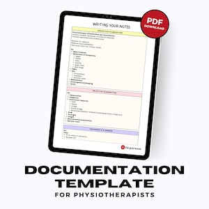 Könnte beinhalten: Ein digitales Tablet zeigt eine Dokumentationsvorlage für Physiotherapeuten. Die Vorlage ist in Abschnitte für subjektive und objektive Untersuchungen sowie für Behandlung und Planung unterteilt. Die Vorlage enthält eine Liste von Punkten, die für jeden Abschnitt zu berücksichtigen sind, wie z. B. Anamnese, Schmerzlevel und funktionelle Kapazität.