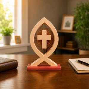 May include: A light-colored wooden fish-shaped frame with a central cross, featuring thin copper-colored wire radiating from the cross to the frame edges. The structure is mounted on a rectangular red base, creating a decorative tabletop ornament.