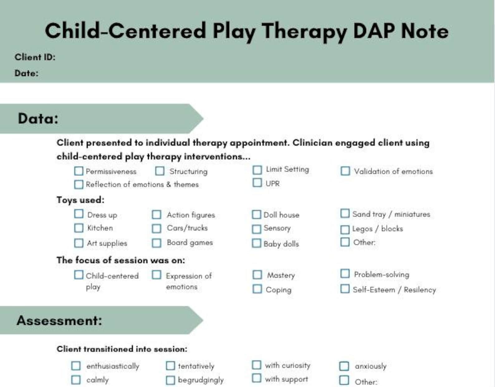 Play Therapy DAP Note Child Centered Template (GREEN) - Etsy