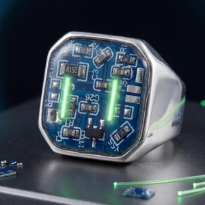 May include: A silver-toned ring featuring a square face embedded with a blue circuit board pattern. The centre of the circuit board displays two vertical glowing green light strips, surrounded by various small electronic components.