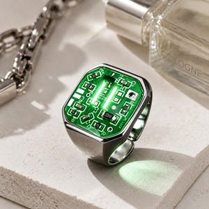 Upcycled Circuit Board Unique Men's Glow In The Dark Ring,Silver Band with Full Circle Vials,Cyberpunk Tech Ring,Gift for Geeks