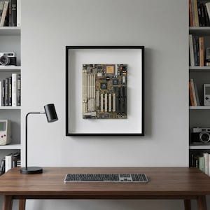May include: Framed vintage computer motherboard art. The circuit board is mounted in a black frame against a white background. The image is displayed above a wooden desk with a keyboard and a black desk lamp.