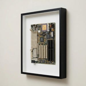 Op de afbeelding: Een ingelijst vintage computer moederbord. De printplaat is een mix van groene, gouden en zilveren componenten, waaronder chips, connectoren en slots. De lijst is zwart met een witte passe-partout, waardoor een moderne weergave van de technologiegeschiedenis ontstaat.