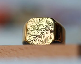 Custom Gold Circuit Tree Engagement Ring, Personalized Wedding Love Tech Ring, Geek Futurism Ring