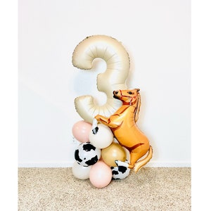 May include: A gold number three balloon with a brown horse balloon attached to it. The balloons are surrounded by smaller balloons in pink, white, and black and white cow print.