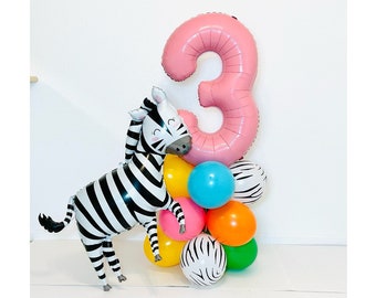 Ballons d'animaux de fête, ballon zèbre, animal de fête, anniversaire d'animal de fête, thème des animaux de fête, anniversaire de zèbre, sauvage et trois, fête safari