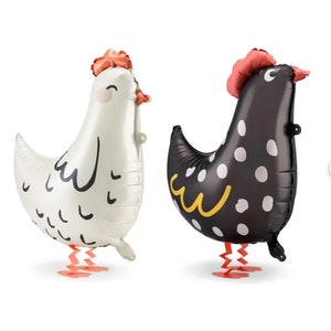 May include: Two foil balloon chickens, one white with black markings and one black with white polka dots. Both have red combs and yellow feet.