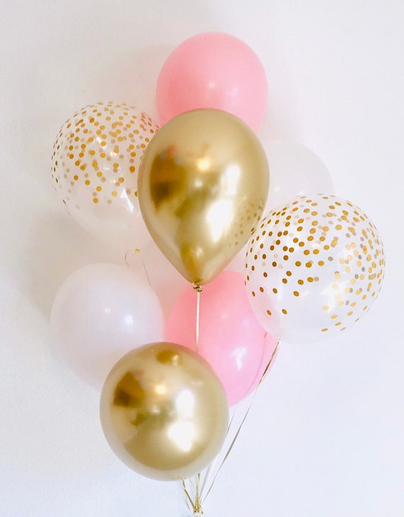 Pink and White Balloons, 1st Birthday, Pink 1st birthday, Confetti Dot latex, Pink and Gold Balloons, Gold Chrome and Pink, Pink Baby Shower Il_570xn