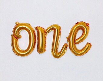 One Script Gold Balloons, Script Balloons, Gold Script One Balloons, First Birthday Balloons, One Balloon Letters, Gold One Balloons, One