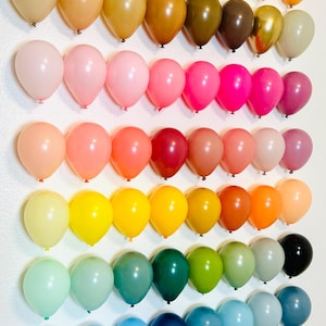 Puede incluir: Un arco&iacute;ris de colores en una pared con una exhibici&oacute;n de globos. Los globos est&aacute;n dispuestos en filas, comenzando con blanco y terminando con morado.