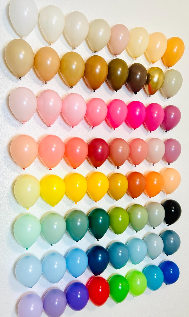 Puede incluir: Un arco&iacute;ris de colores en una pared con una exhibici&oacute;n de globos. Los globos est&aacute;n dispuestos en filas, comenzando con blanco y terminando con morado.