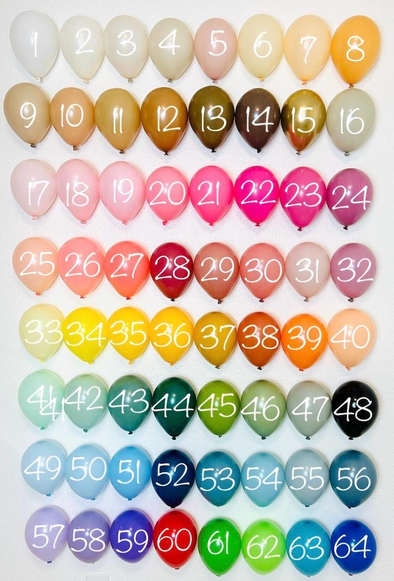 Puede incluir: Un conjunto de 64 globos de varios colores, numerados del 1 al 64. Los globos est&aacute;n dispuestos en filas, con ocho globos en cada fila.