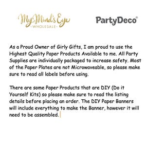 May include: Text on a white background that reads "My Mind's Eye Wholesale" and "Party Deco". The text below explains that the paper products are high quality and individually packaged. It also states that most paper plates are not microwaveable and that some products are DIY kits.