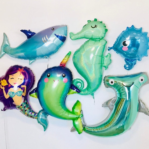 Shark Balloon, Under the Sea Party, Ocean Party, Mermaid Balloon, Narwhal Balloon, Seahorse Balloon, Hammerhead Shark, Fintastic, Mermaids