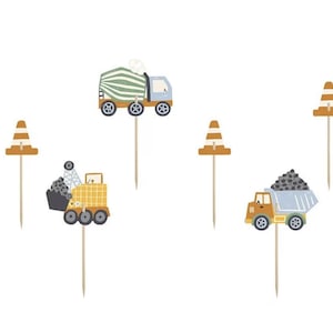 May include: Set of six construction-themed cake toppers. The toppers feature a cement mixer truck, a dump truck, a backhoe, and three orange traffic cones. The toppers are made of cardstock and are perfect for a construction-themed birthday party.