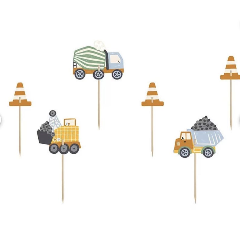 May include: Set of six construction-themed cake toppers. The toppers feature a cement mixer truck, a dump truck, a backhoe, and three orange traffic cones. The toppers are made of cardstock and are perfect for a construction-themed birthday party.
