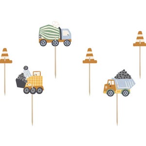 May include: Set of six construction-themed cupcake toppers. The toppers feature a cement mixer truck, a dump truck, a digger, and three orange traffic cones.