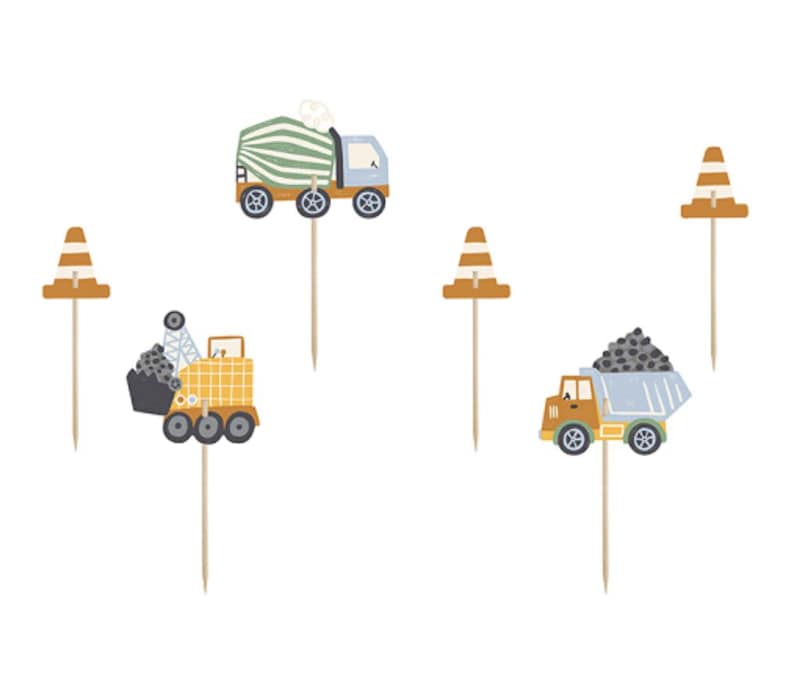 May include: Set of six construction-themed cupcake toppers. The toppers feature a cement mixer truck, a dump truck, a digger, and three orange traffic cones.