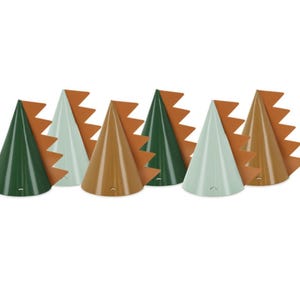 May include: Set of six party hats in green, brown, and light blue with orange scalloped edges. The hats are cone-shaped and have a small hole at the bottom.