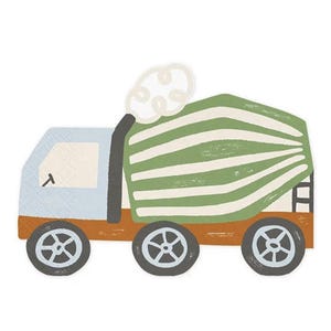 May include: A blue and green toy cement mixer truck with a white cab and brown wheels. The truck has a green striped cement mixer drum with a white top.