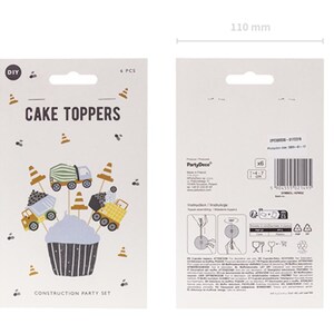 May include: A set of 6 construction-themed cake toppers. The toppers feature a yellow dump truck, a cement mixer truck, and traffic cones. The toppers are on sticks and are ready to be placed on a cake. The packaging says "DIY Cake Toppers Construction Party Set".